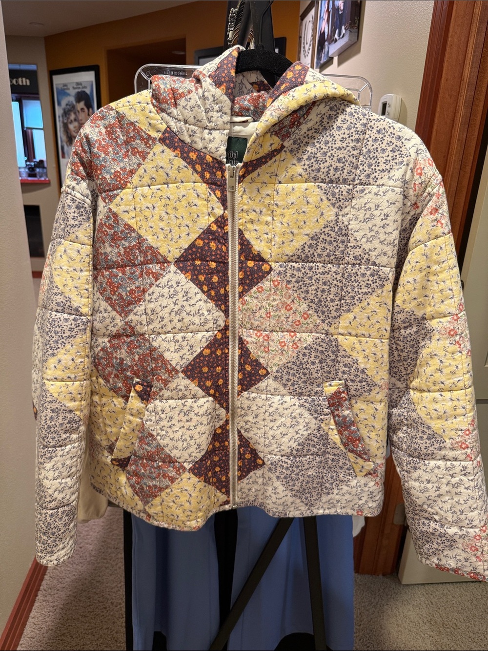 wild fable Quilted Hooded Patchwork Jacket in Yellow, Cream, Brown
